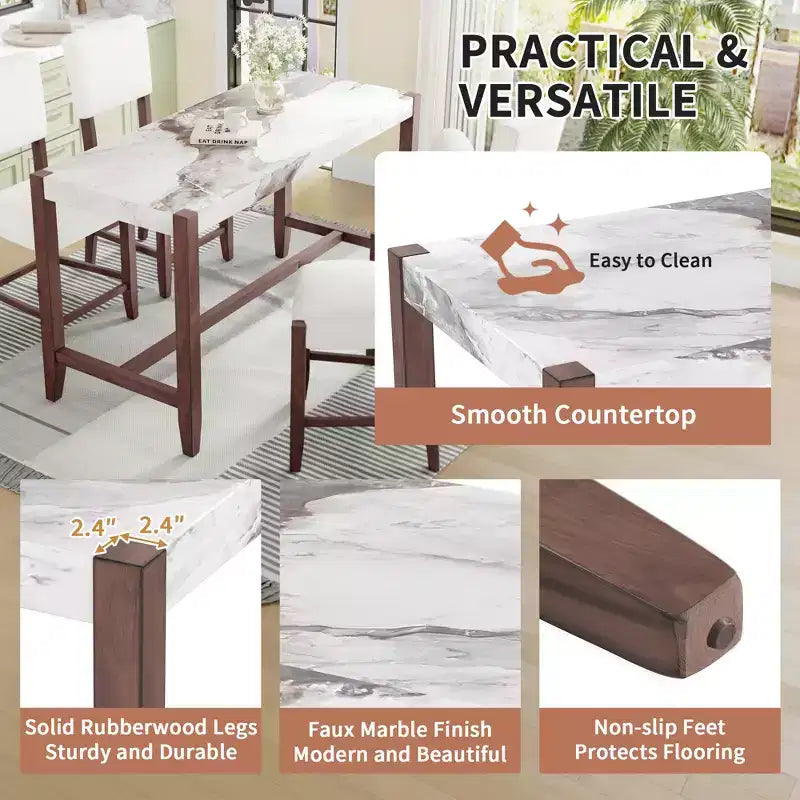 3-Piece Counter Height Dining Set with Faux Marble Table and 2 Upholstered Chairs, for Pub Kitchen or Small Space