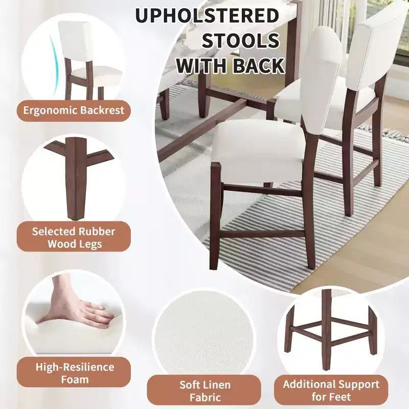 3-Piece Counter Height Dining Set with Faux Marble Table and 2 Upholstered Chairs, for Pub Kitchen or Small Space