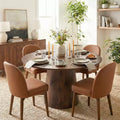 5-Piece Round Dining Set, 46 Walnut-Tone Pedestal Table and Brown Faux Leather Dining Chairs with Solid Wood Legs for Dining Room Use-Panipeachy