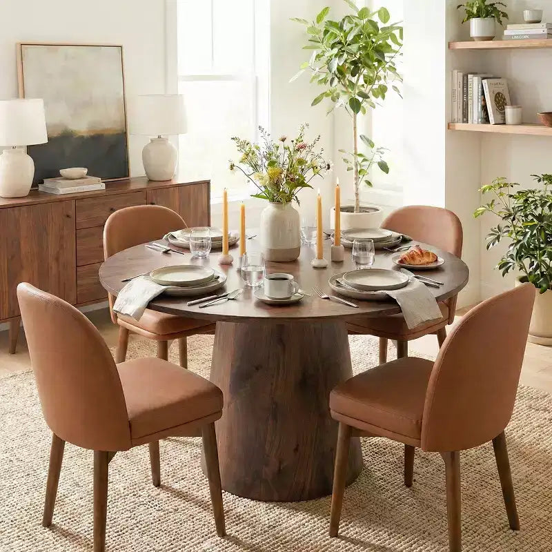 5-Piece Round Dining Set, 46 Walnut-Tone Pedestal Table and Brown Faux Leather Dining Chairs with Solid Wood Legs for Dining Room Use-Panipeachy
