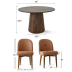 5-delige ronde eethoek, 46 walnootkleurige tafel met centrale poot en bruine eetkamerstoelen van imitatieleer met poten van massief hout voor gebruik in de eetkamer - Panipeachy