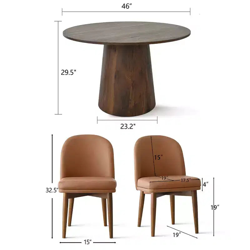 5-delige ronde eethoek, 46 walnootkleurige tafel met centrale poot en bruine eetkamerstoelen van imitatieleer met poten van massief hout voor gebruik in de eetkamer - Panipeachy