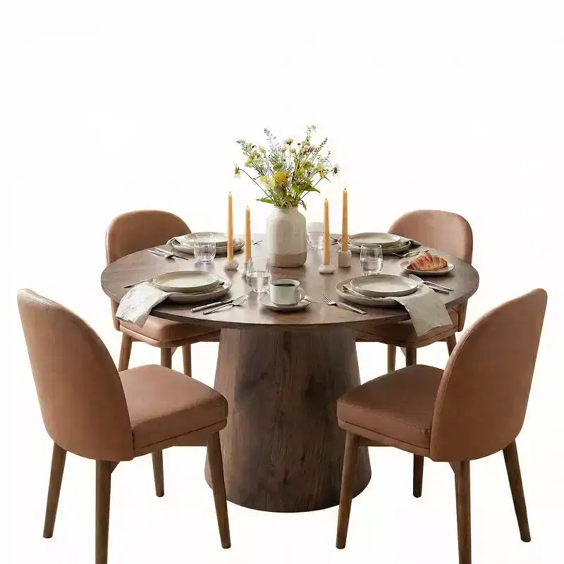 5-delige ronde eethoek, 46 walnootkleurige tafel met centrale poot en bruine eetkamerstoelen van imitatieleer met poten van massief hout voor gebruik in de eetkamer - Panipeachy