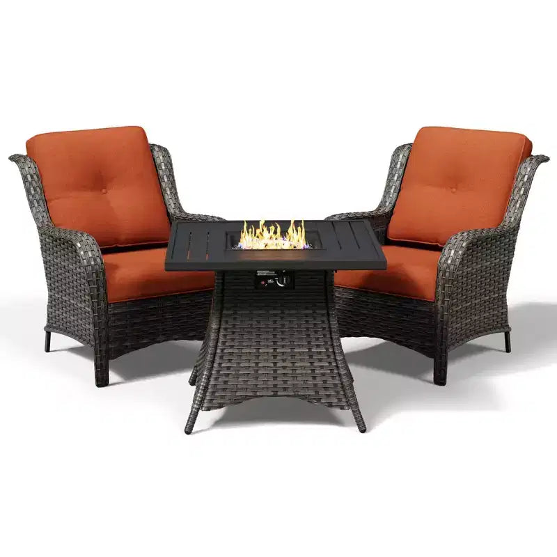 UPTIOT Outdoor 2-Piece Wicker Chair Set with Fire Pit Table and All-Weather Cushions