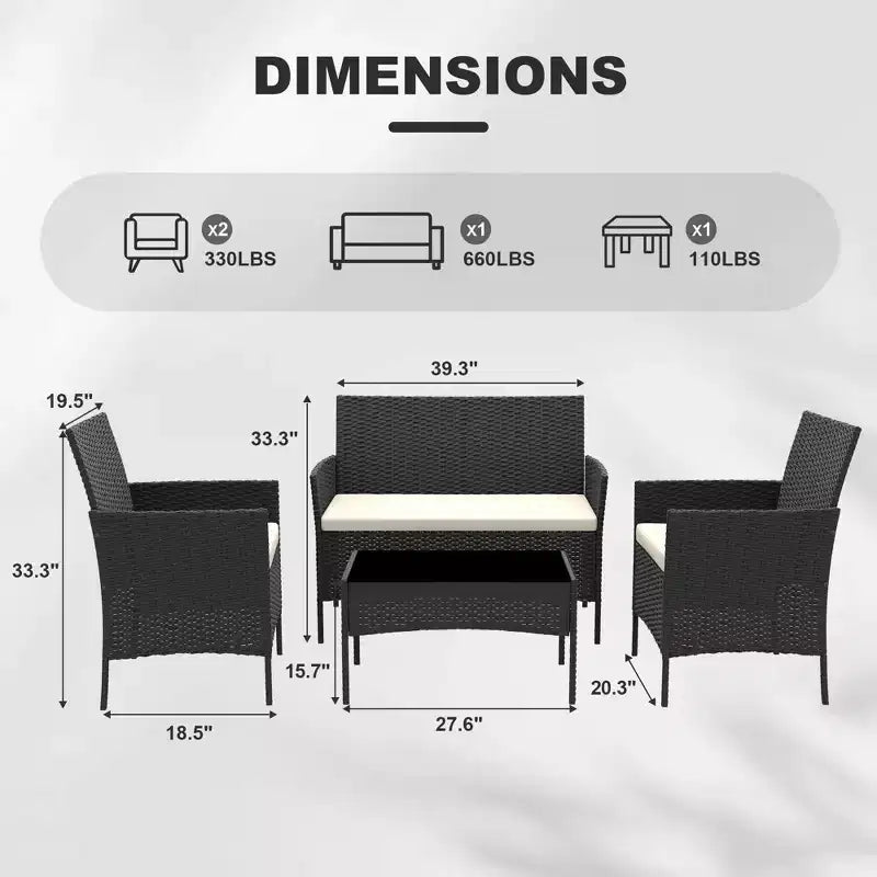 4-delige rotan tuinmeubelset – buitensofa, 2 stoelen en salontafel met kussens voor de tuin, achtertuin of veranda