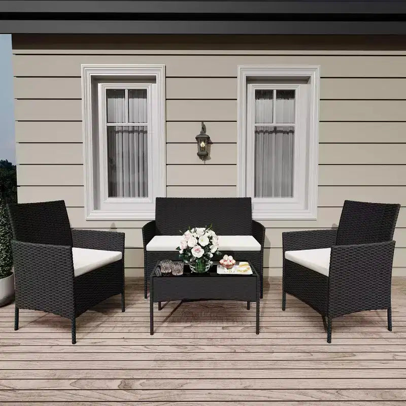 4-delige rotan tuinmeubelset – buitensofa, 2 stoelen en salontafel met kussens voor de tuin, achtertuin of veranda