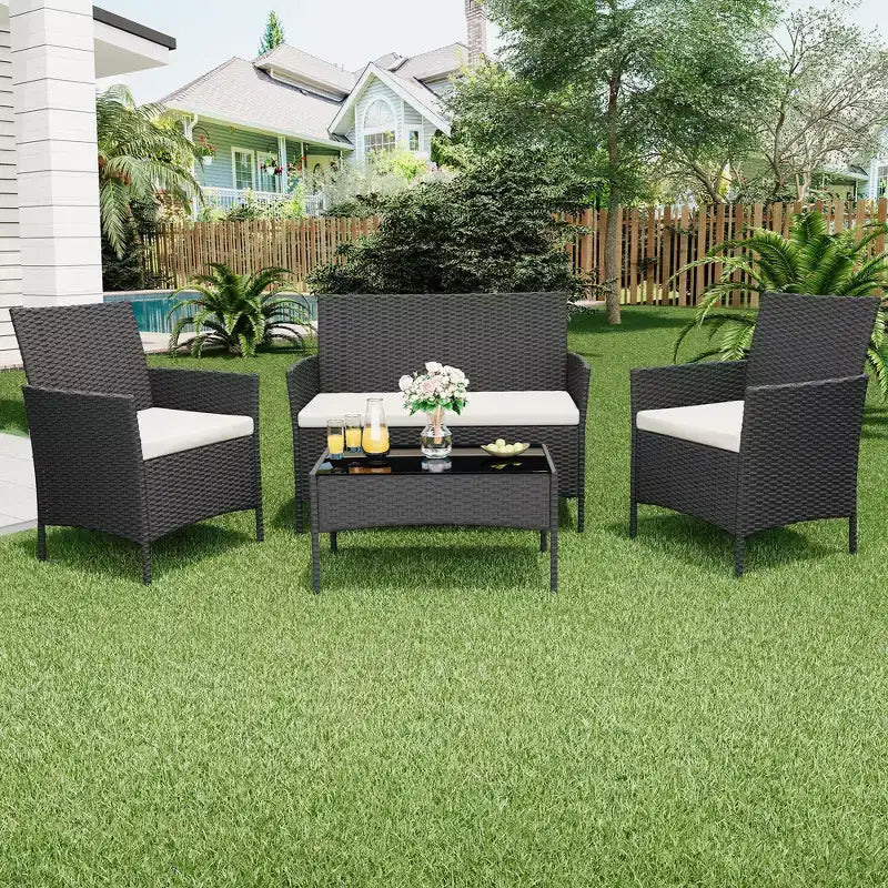 4-delige rotan tuinmeubelset – buitensofa, 2 stoelen en salontafel met kussens voor de tuin, achtertuin of veranda