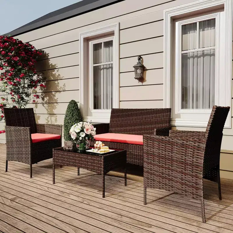 4-delige rotan tuinmeubelset – buitensofa, 2 stoelen en salontafel met kussens voor de tuin, achtertuin of veranda