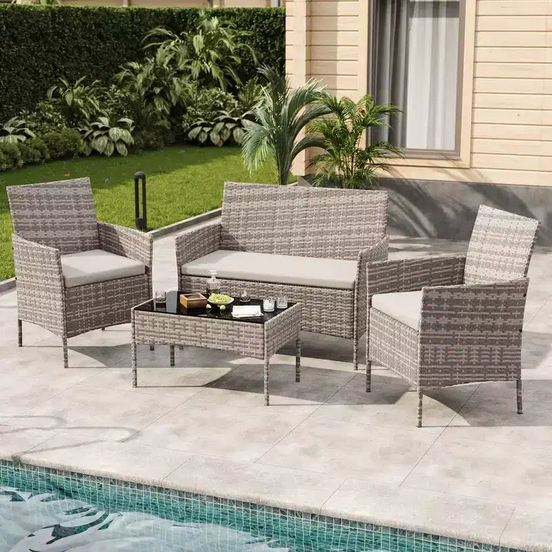4-delige rotan tuinmeubelset – buitensofa, 2 stoelen en salontafel met kussens voor de tuin, achtertuin of veranda