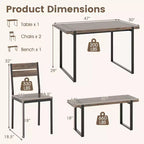 Costway 47 Dining Table Set for 4, Wooden Kitchen Table with 2 Chairs & Bench, Metal Frame