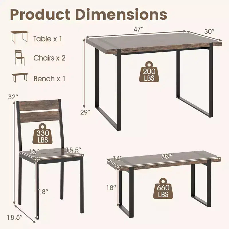 Costway 47 Dining Table Set for 4, Wooden Kitchen Table with 2 Chairs & Bench, Metal Frame