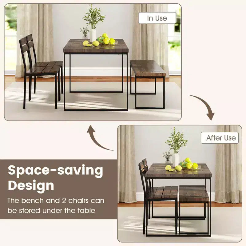 Costway 47 Dining Table Set for 4, Wooden Kitchen Table with 2 Chairs & Bench, Metal Frame