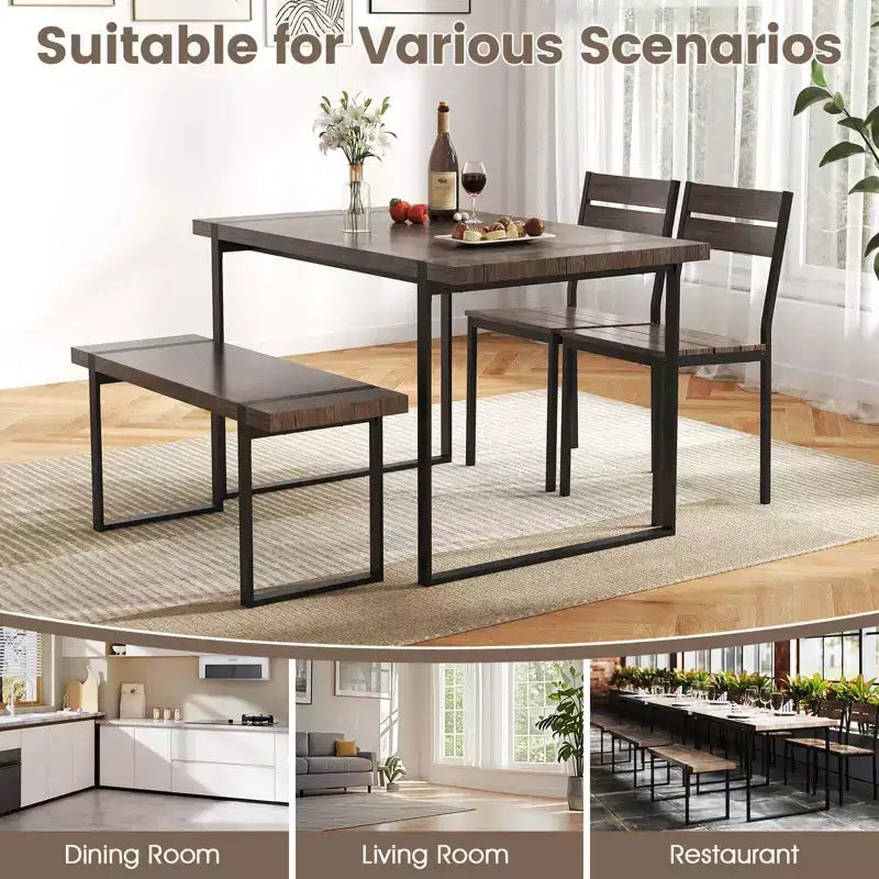 Costway 47 Dining Table Set for 4, Wooden Kitchen Table with 2 Chairs & Bench, Metal Frame