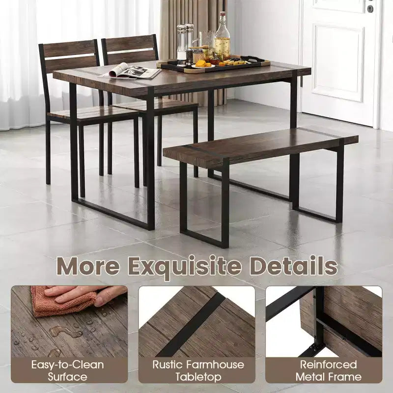Costway 47 Dining Table Set for 4, Wooden Kitchen Table with 2 Chairs & Bench, Metal Frame