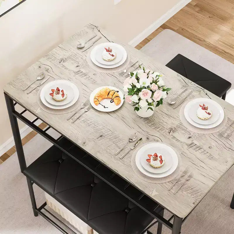 4-delige eetkamerset met gestoffeerde banken en krukken - compacte keukentafel voor appartementen, studio's en kleine ruimtes