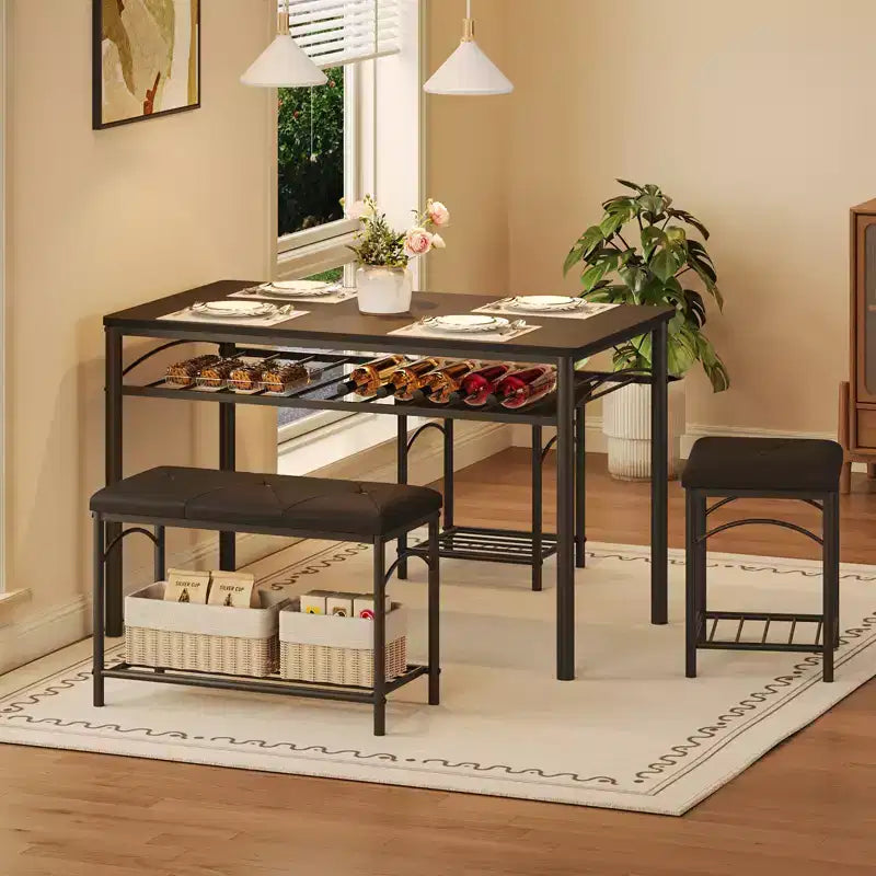 4-Piece Dining Set with Upholstered Benches & Stools - Compact Kitchen Table for Apartments, Studios & Small Spaces