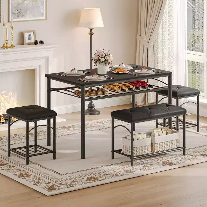 4-Piece Dining Set with Upholstered Benches & Stools - Compact Kitchen Table for Apartments, Studios & Small Spaces