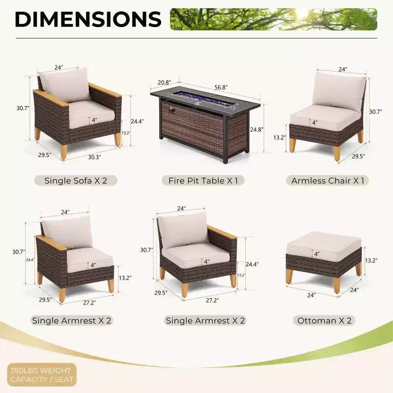 Captiva Designs 10-delige modulaire loungeset van vlechtwerk en rotan voor buiten, met vuurtafel en gevoerde voetenbank