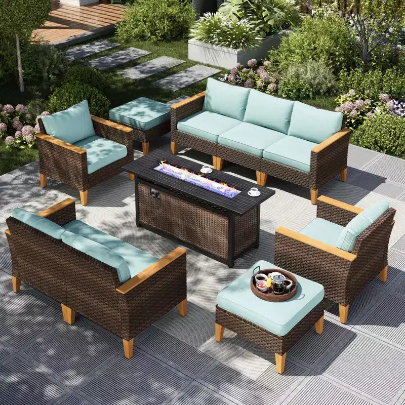 Captiva Designs 10-delige modulaire loungeset van vlechtwerk en rotan voor buiten, met vuurtafel en gevoerde voetenbank