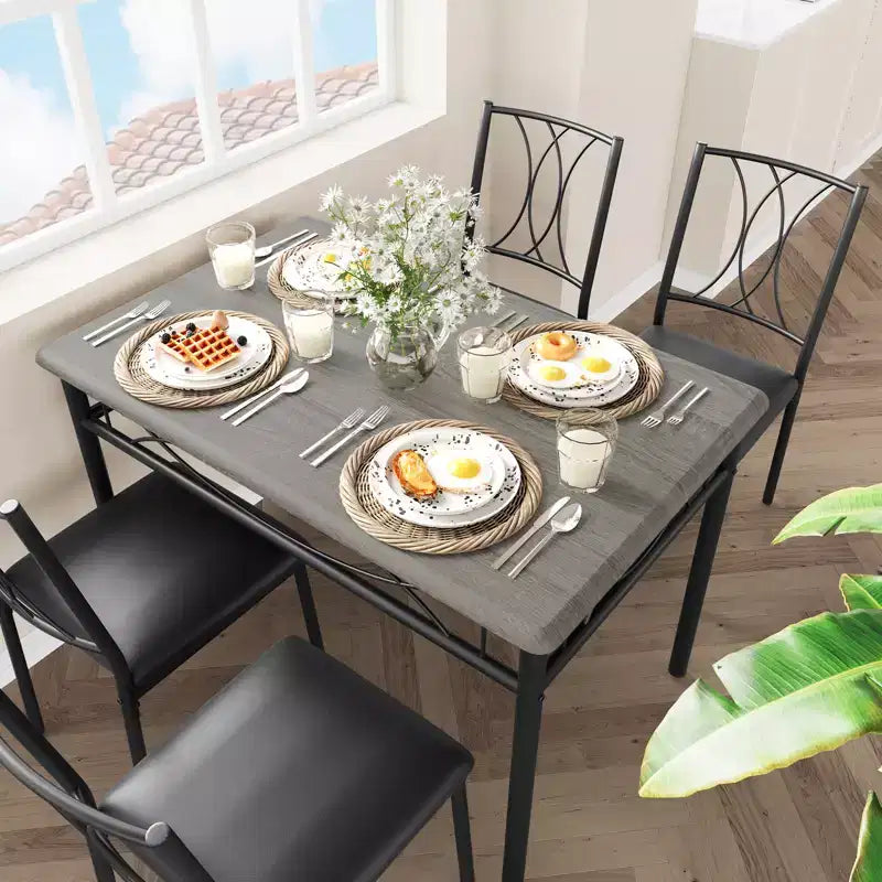 5-delige eetkamerset voor 4 personen, rechthoekige keukentafel met gestoffeerde stoelen, stevig metalen frame, rustiek grijs, voor modern appartement of eetkamer