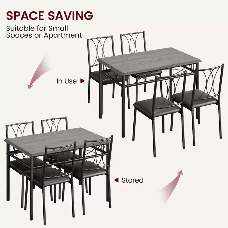 5-delige eetkamerset voor 4 personen, rechthoekige keukentafel met gestoffeerde stoelen, stevig metalen frame, rustiek grijs, voor modern appartement of eetkamer