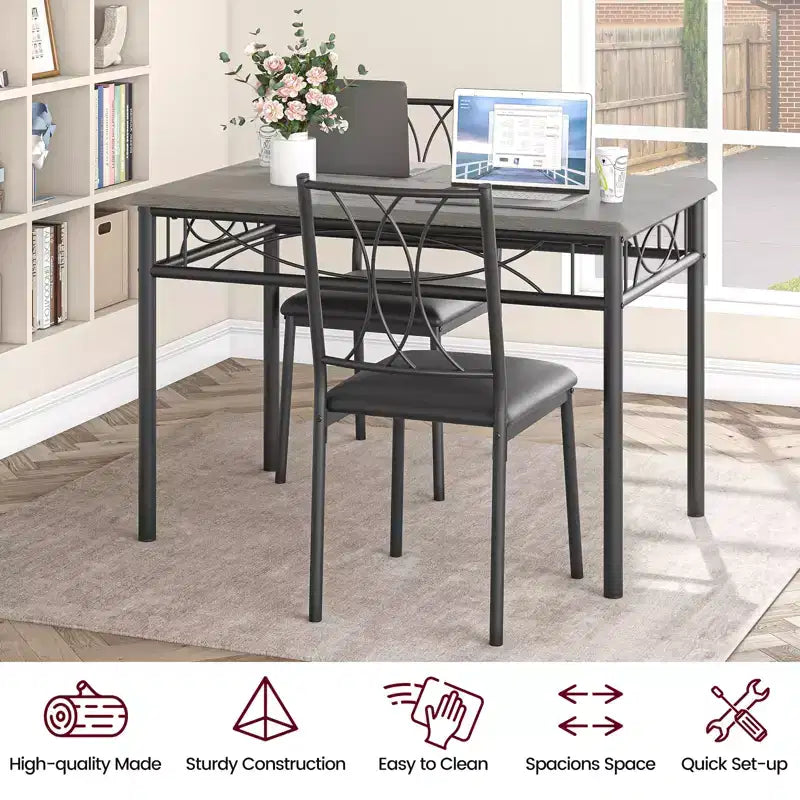 5-delige eetkamerset voor 4 personen, rechthoekige keukentafel met gestoffeerde stoelen, stevig metalen frame, rustiek grijs, voor modern appartement of eetkamer