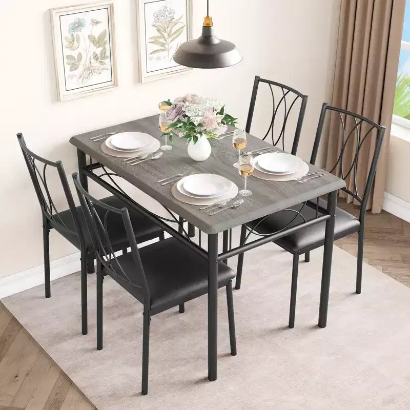 5-delige eetkamerset voor 4 personen, rechthoekige keukentafel met gestoffeerde stoelen, stevig metalen frame, rustiek grijs, voor modern appartement of eetkamer