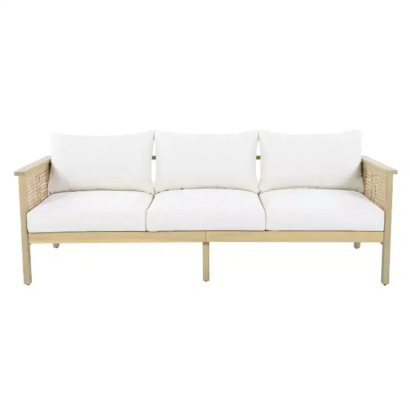 ModernLuxe 4/5-delige loungeset voor buiten, hoekbankgroep van acaciahout en wicker met waterdichte kussens, licht teak/crème