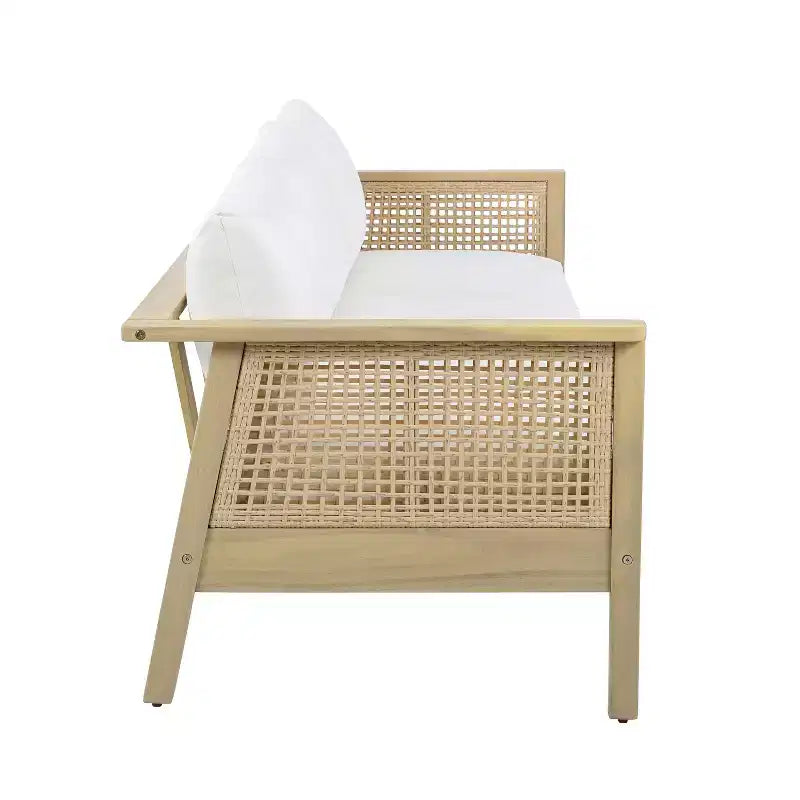 ModernLuxe 4/5-delige loungeset voor buiten, hoekbankgroep van acaciahout en wicker met waterdichte kussens, licht teak/crème