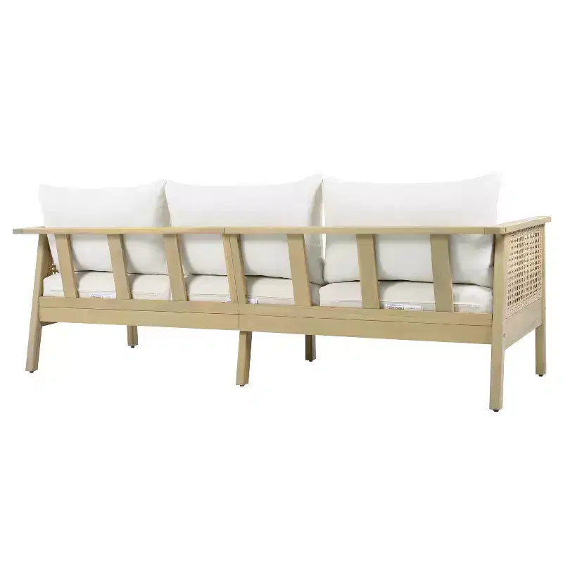 ModernLuxe 4/5-delige loungeset voor buiten, hoekbankgroep van acaciahout en wicker met waterdichte kussens, licht teak/crème