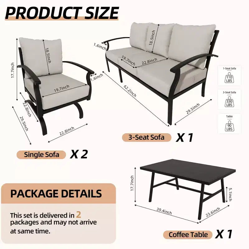 ALAULM 5-zits loungeset voor buiten, schommelbank voor buiten met dikke kussens en salontafel, bistroset