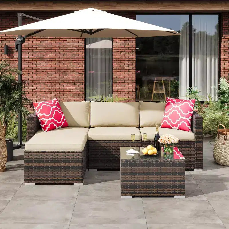 Acekool 5-delige modulaire loungeset van rattan voor buiten, met kussens, voor achtertuin, tuin of bij het zwembad