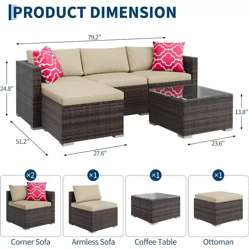 Acekool 5-delige modulaire loungeset van rattan voor buiten, met kussens, voor achtertuin, tuin of bij het zwembad