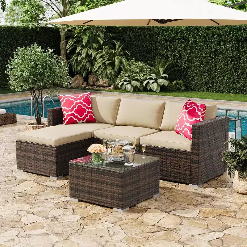 Acekool 5-delige modulaire loungeset van rattan voor buiten, met kussens, voor achtertuin, tuin of bij het zwembad