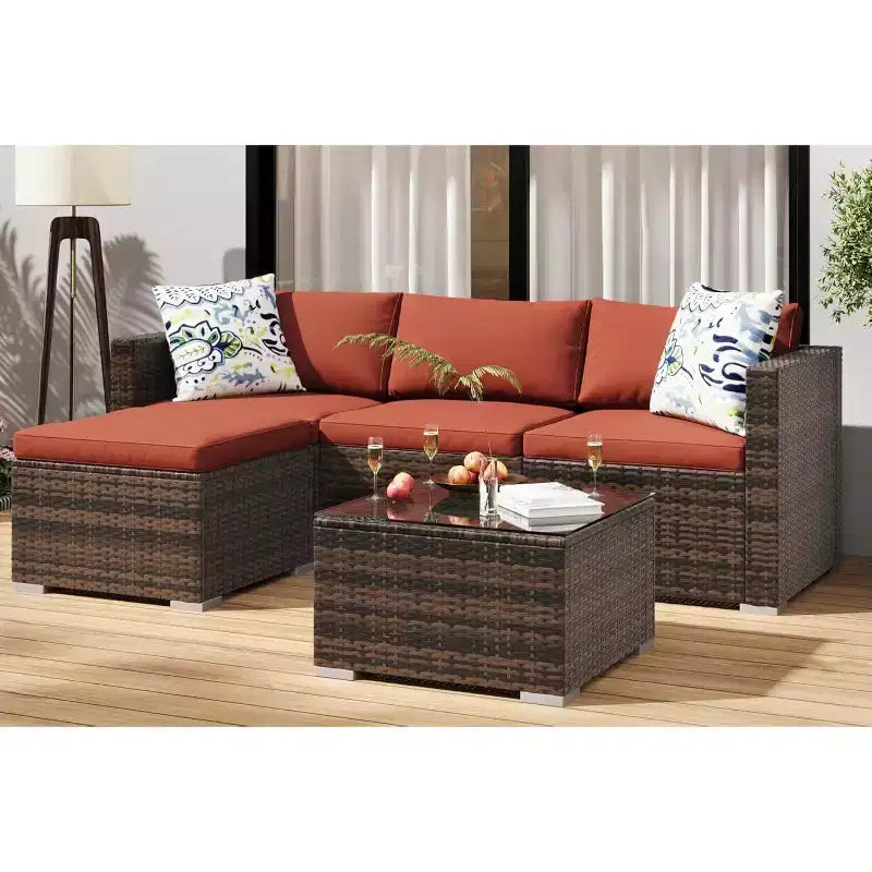 Acekool 5-delige modulaire loungeset van rattan voor buiten, met kussens, voor achtertuin, tuin of bij het zwembad