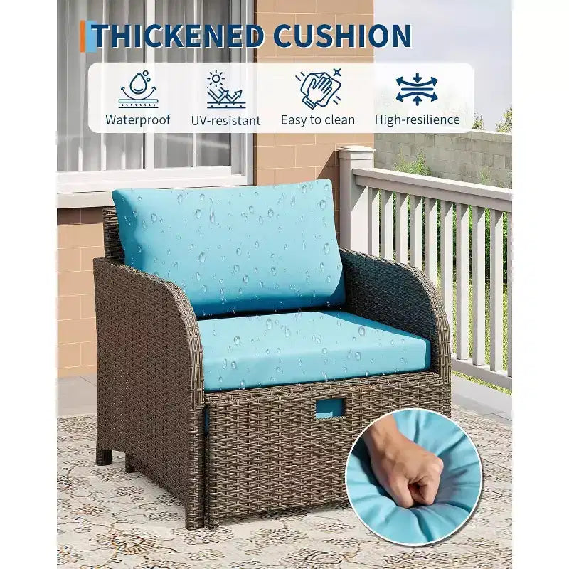 5-delige loungeset van PE-rattan voor buiten, met voetenbankjes en glazen tafelblad, voor terras, tuin of balkon