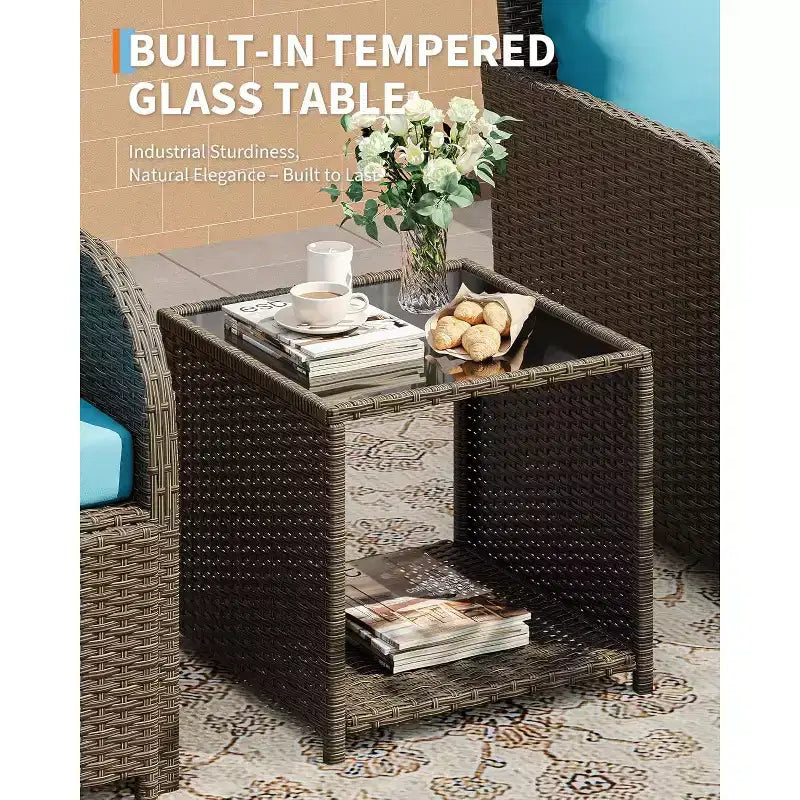 5-delige loungeset van PE-rattan voor buiten, met voetenbankjes en glazen tafelblad, voor terras, tuin of balkon