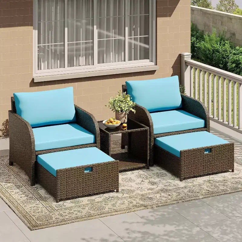 5-delige loungeset van PE-rattan voor buiten, met voetenbankjes en glazen tafelblad, voor terras, tuin of balkon