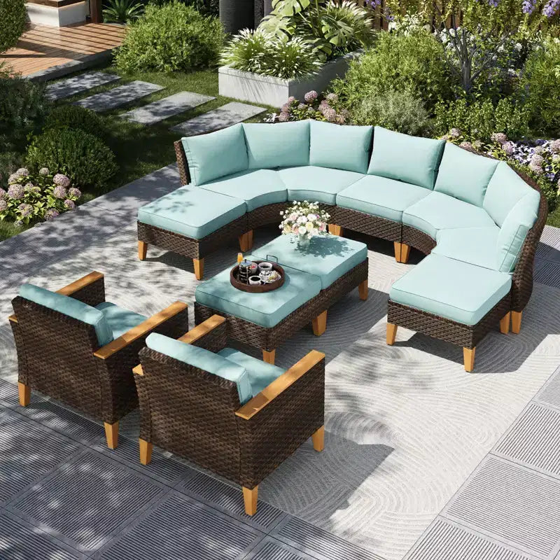 Captiva Designs 11-delige halvemaanvormige, gebogen loungeset voor buiten van vlechtwerk en rotan, met gevoerde hocker