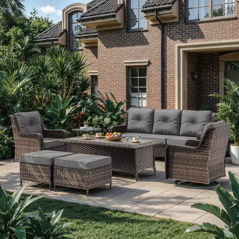 ALAULM 7-delige rotan tuinmeubelset, wicker loungeset voor buiten met 2 draaibare schommelstoelen, 2 salontafels van verschillende formaten en 2 voetenbankjes