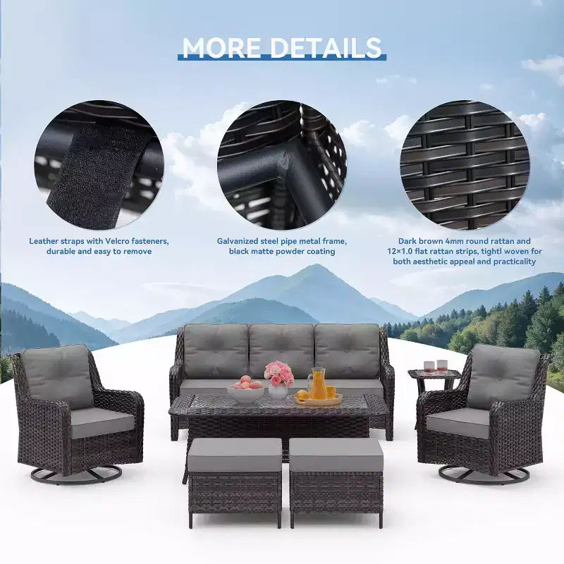ALAULM 7-delige rotan tuinmeubelset, wicker loungeset voor buiten met 2 draaibare schommelstoelen, 2 salontafels van verschillende formaten en 2 voetenbankjes