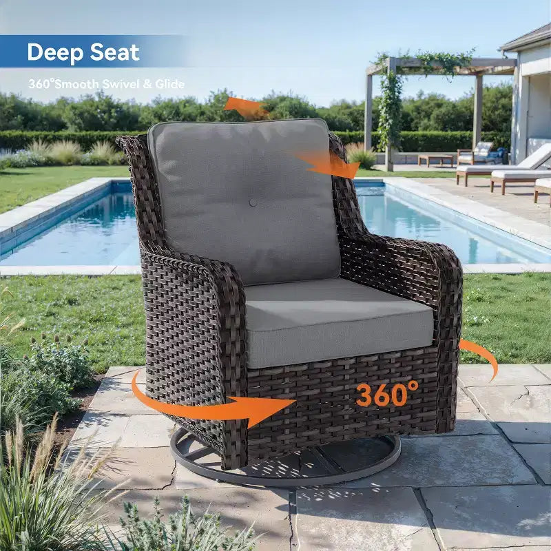 ALAULM 7-delige rotan tuinmeubelset, wicker loungeset voor buiten met 2 draaibare schommelstoelen, 2 salontafels van verschillende formaten en 2 voetenbankjes