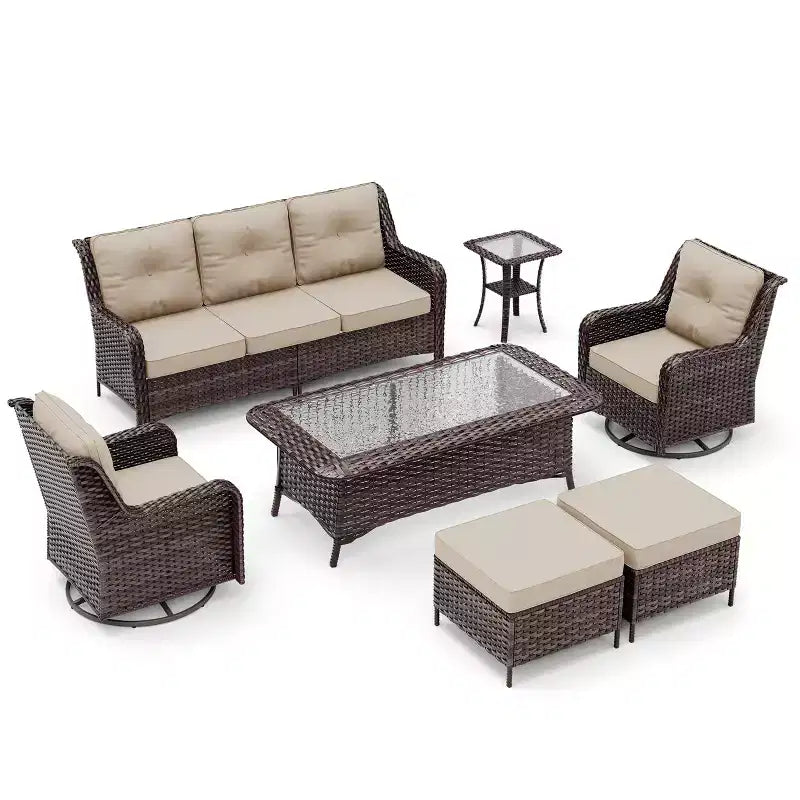 ALAULM 7-delige rotan tuinmeubelset, wicker loungeset voor buiten met 2 draaibare schommelstoelen, 2 salontafels van verschillende formaten en 2 voetenbankjes