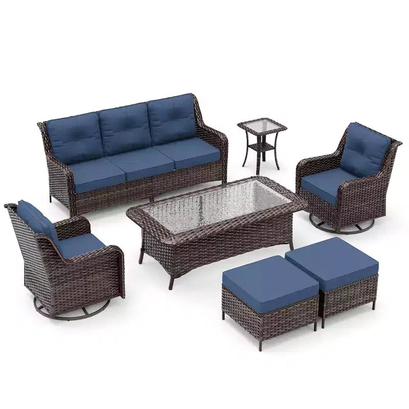 ALAULM 7-delige rotan tuinmeubelset, wicker loungeset voor buiten met 2 draaibare schommelstoelen, 2 salontafels van verschillende formaten en 2 voetenbankjes