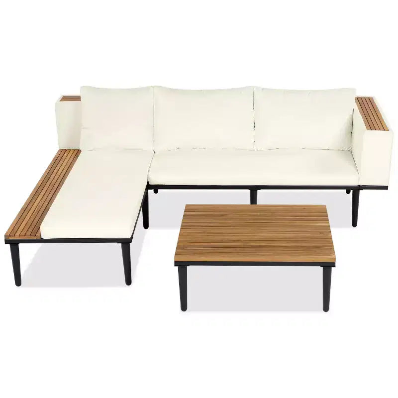 4-delige L-vormige loungeset voor terras, tuinmeubelen van acaciahout met kussens en salontafel voor tuin, veranda en achtertuin – Panipeachy