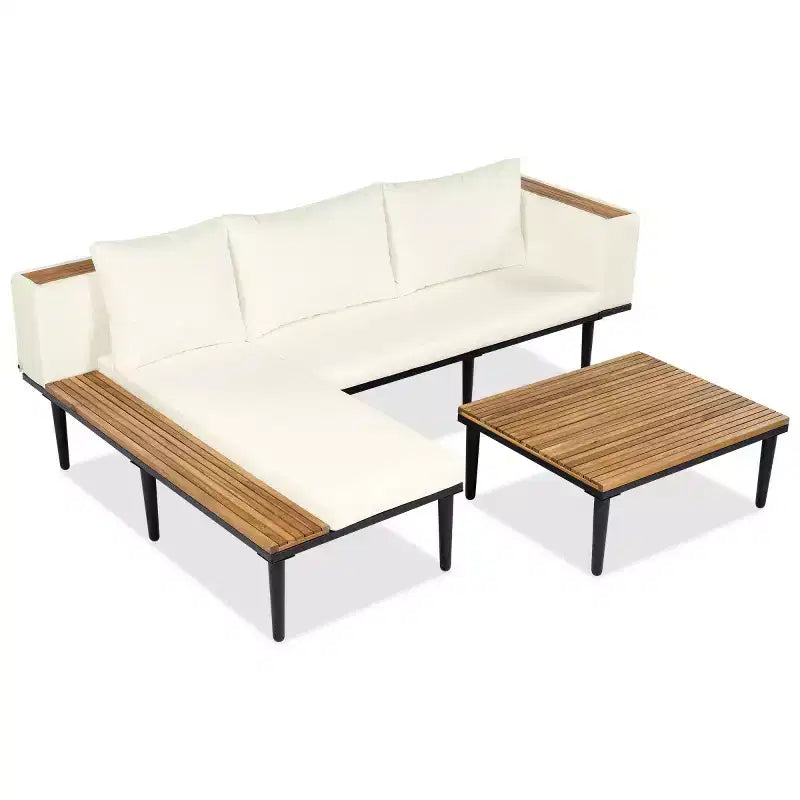 4-delige L-vormige loungeset voor terras, tuinmeubelen van acaciahout met kussens en salontafel voor tuin, veranda en achtertuin – Panipeachy