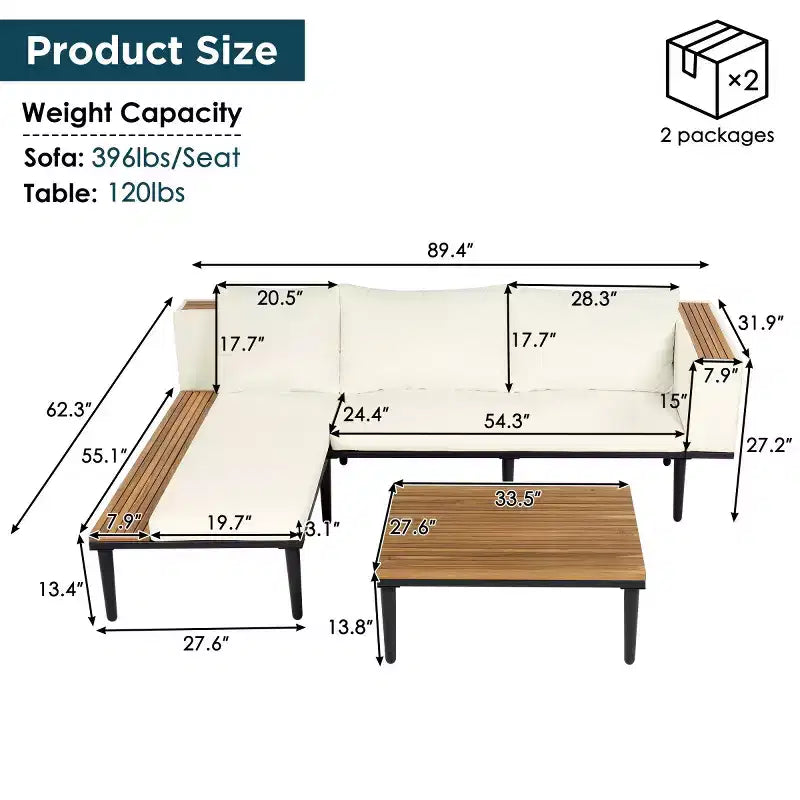 4-delige L-vormige loungeset voor terras, tuinmeubelen van acaciahout met kussens en salontafel voor tuin, veranda en achtertuin – Panipeachy