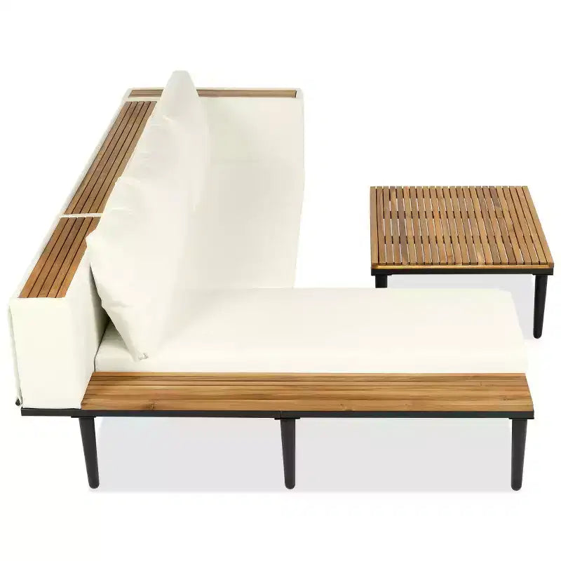 4-delige L-vormige loungeset voor terras, tuinmeubelen van acaciahout met kussens en salontafel voor tuin, veranda en achtertuin – Panipeachy