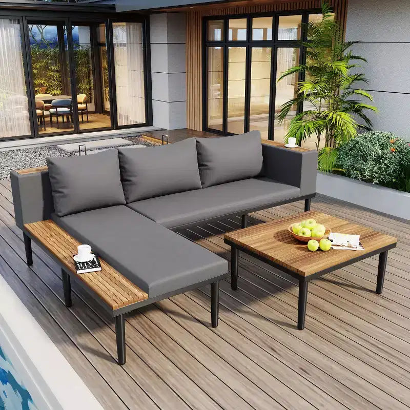 4-delige L-vormige loungeset voor terras, tuinmeubelen van acaciahout met kussens en salontafel voor tuin, veranda en achtertuin – Panipeachy