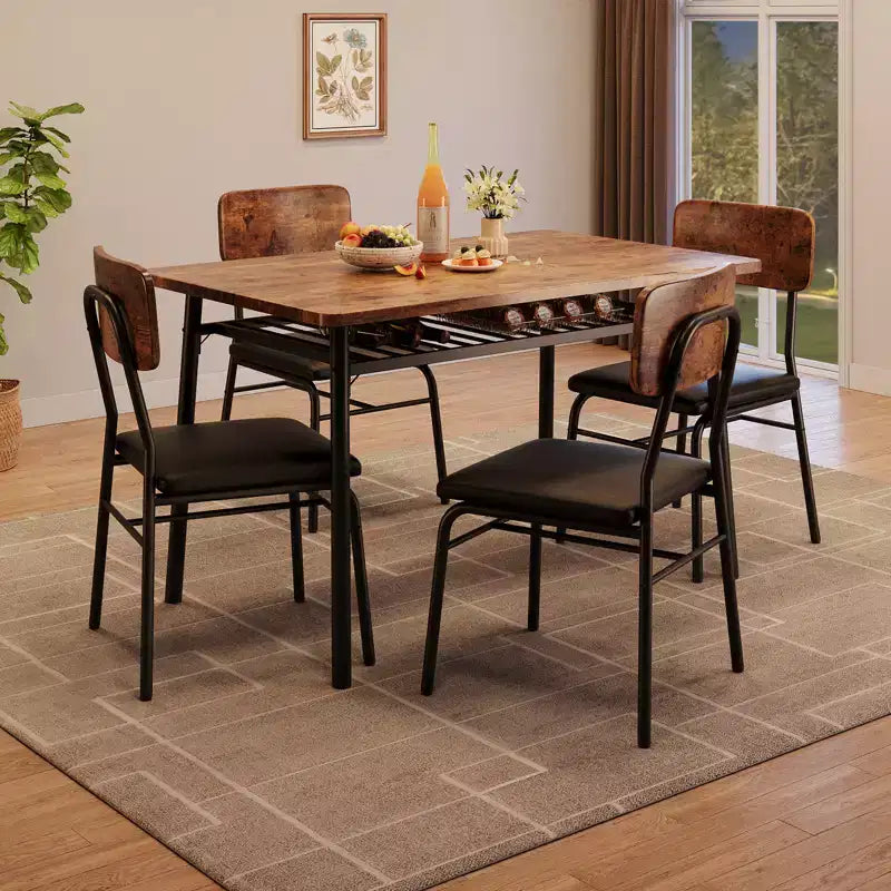 Dining Table Set for 4  5-Piece Kitchen Table and Chairs with Storage Rack, Wood Tabletop, Heavy-Duty Metal Frame, Upholstered SeatsSpace-Saving